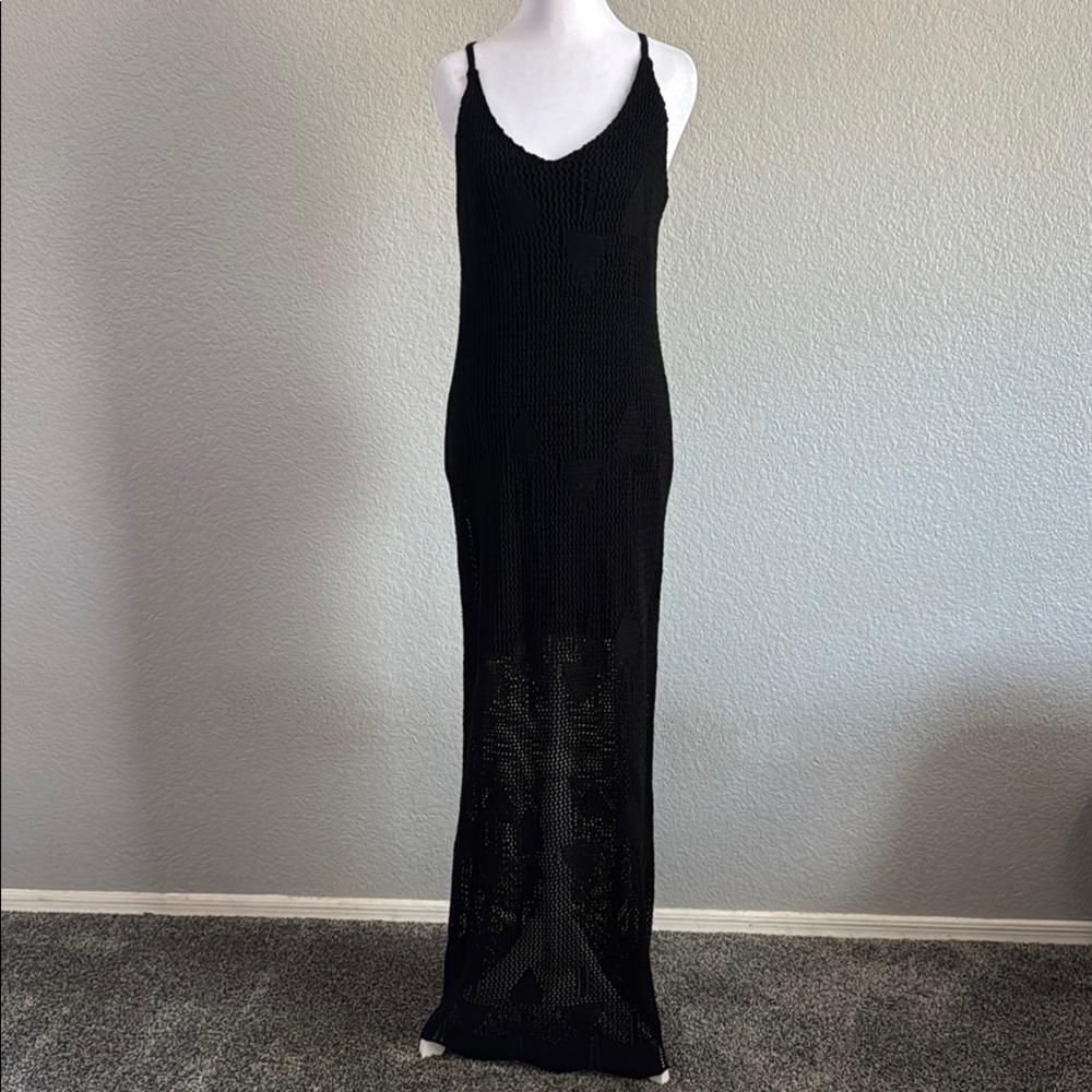 Black Sleeveless V-Neck Crochet Maxi Dress size Large - Picture 2 of 8